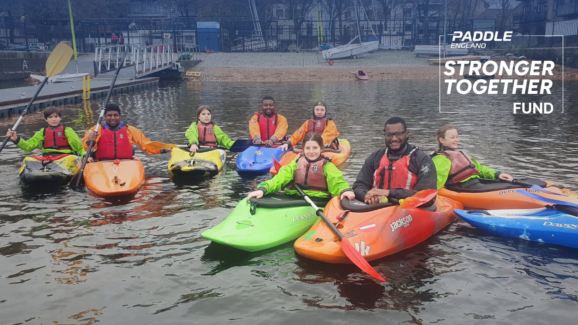 And Fintness For All kayaking session. Paddle England Stronger Together Fund logo