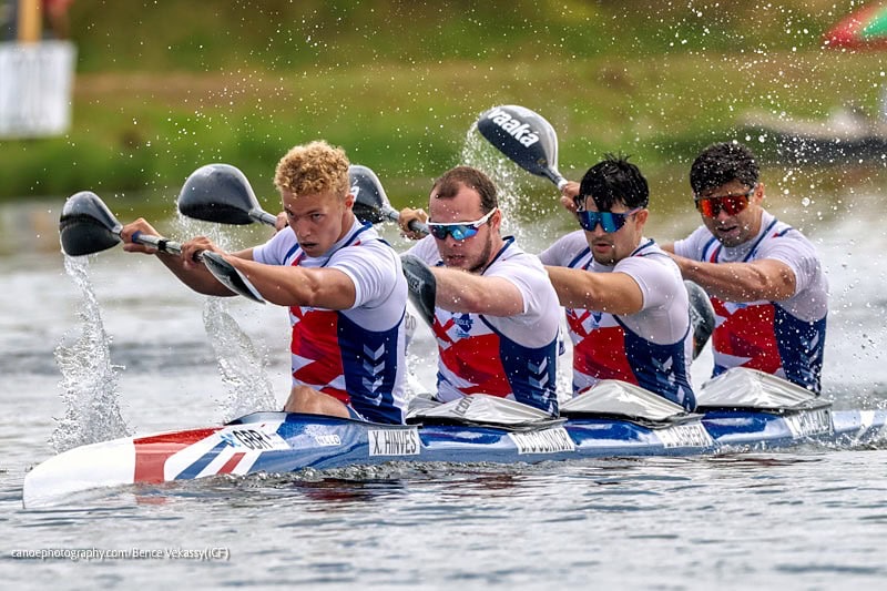 The U23 men's crewboat racing the K4 500m in Portugal.