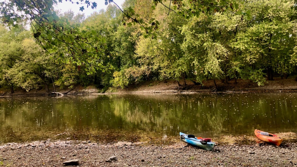 Kayaks at the edge of a low river