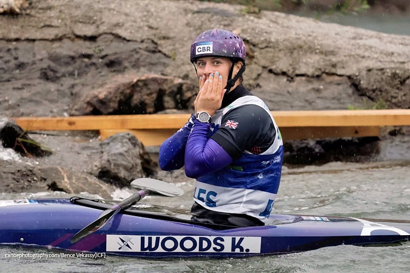 Kimberley Woods reacting to her K1 gold at the Slalom World Cup in Tacen.