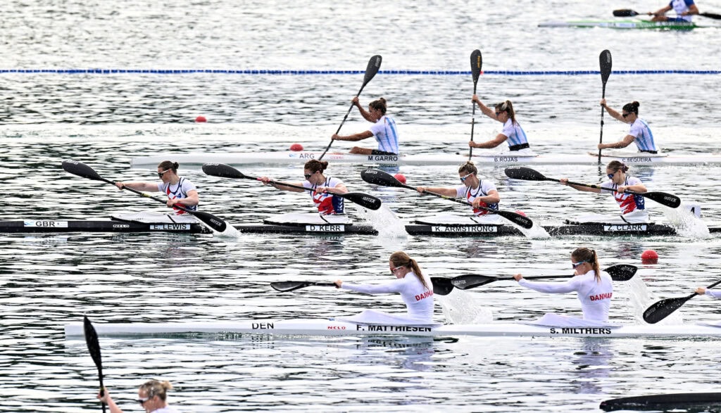 Emily Lewis, Deborah Kerr, Kristina Armstrong and Zoe Clark (GBR) in the Womens K4 500m race during the 2025 Sprint and Para Canoe World Championships at Idroscalo Regatta Course, Italy.