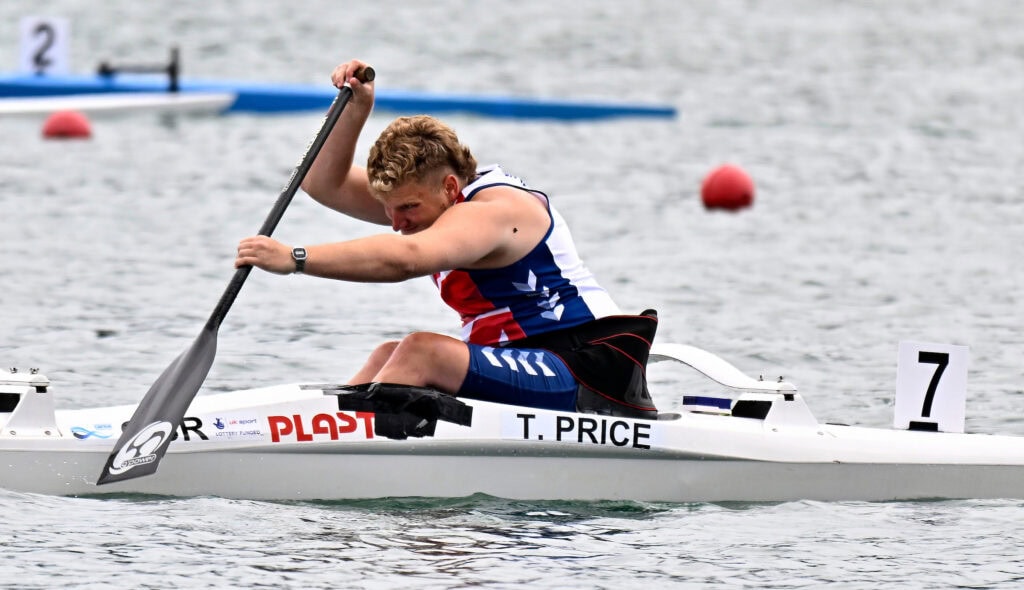 Thomas Price (GBR) in the Mens VL3 200m during the 2025 Sprint and Para Canoe World Championships at Idroscalo Regatta Course, Italy.