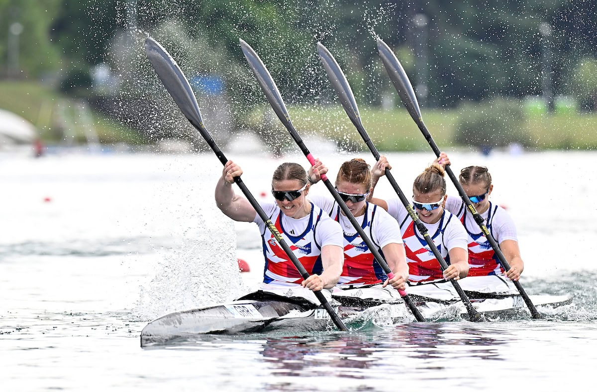 Emily Lewis, Deborah Kerr, Kristina Armstrong and Zoe Clark (GBR) in the Womens K4 500m race during the 2025 Sprint and Para Canoe World Championships at Idroscalo Regatta Course, Italy.