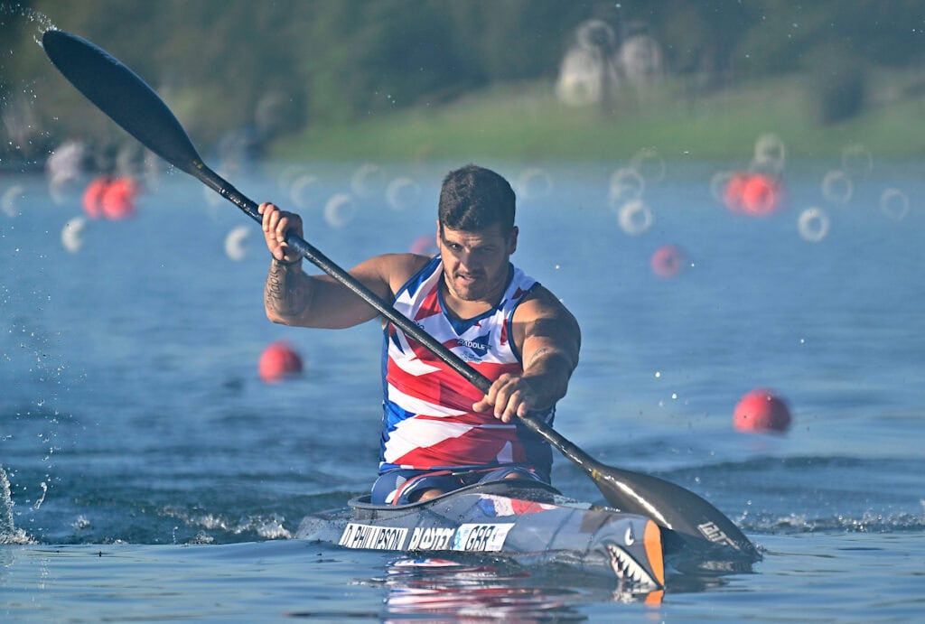 David Phillipson (GBR) in the Mens KL2 200m during the 2025 Sprint and Para Canoe World Championships at Idroscalo Regatta Course, Italy.