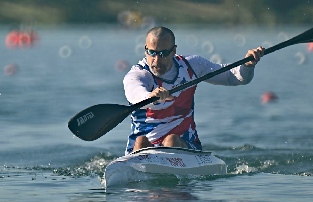 Jonathan Young (GBR) in the Mens KL3 200m during the 2025 Sprint and Para Canoe World Championships at Idroscalo Regatta Course, Italy.