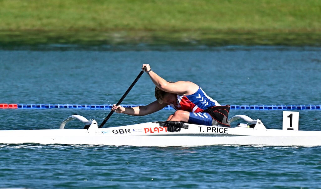 Thomas Price (GBR) in the Mens VL1 200m during the 2025 Sprint and Para Canoe World Championships at Idroscalo Regatta Course, Italy.