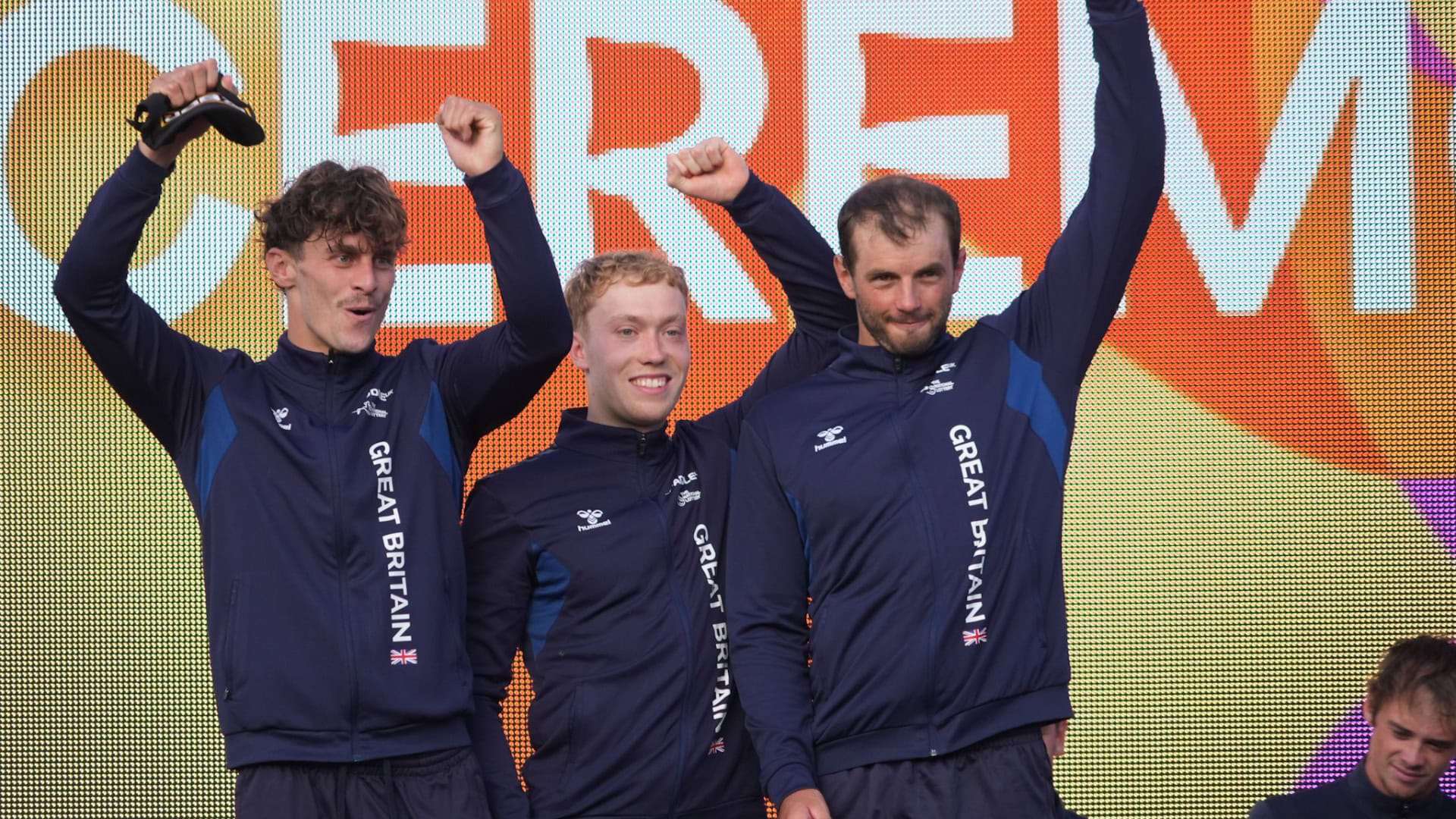 Adam Burgess, Luc Royle and Ryan Westley after their C1 team silver at the 2025 World Championships