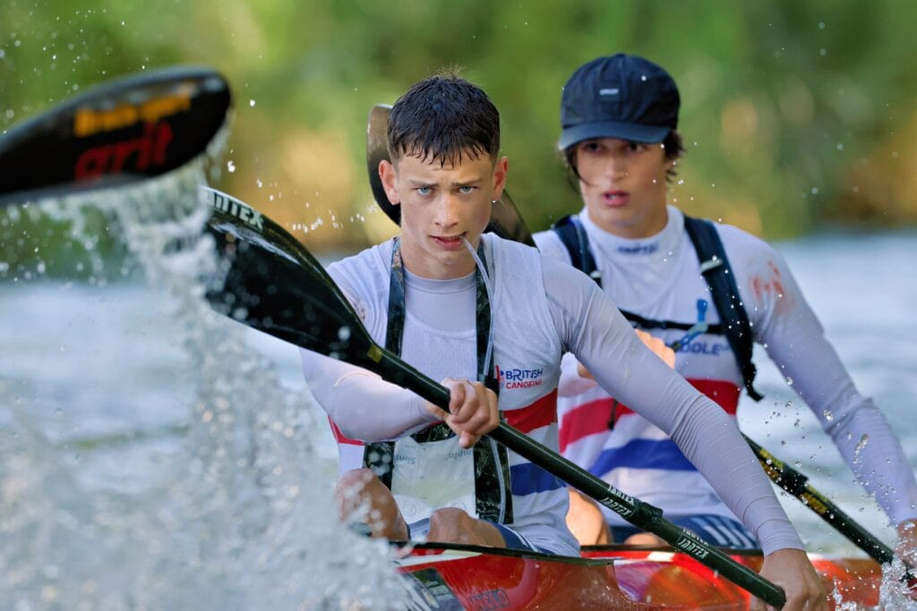 Will Short and Alex Worgan paddling hard across flatwater in Gyor, Hungary.