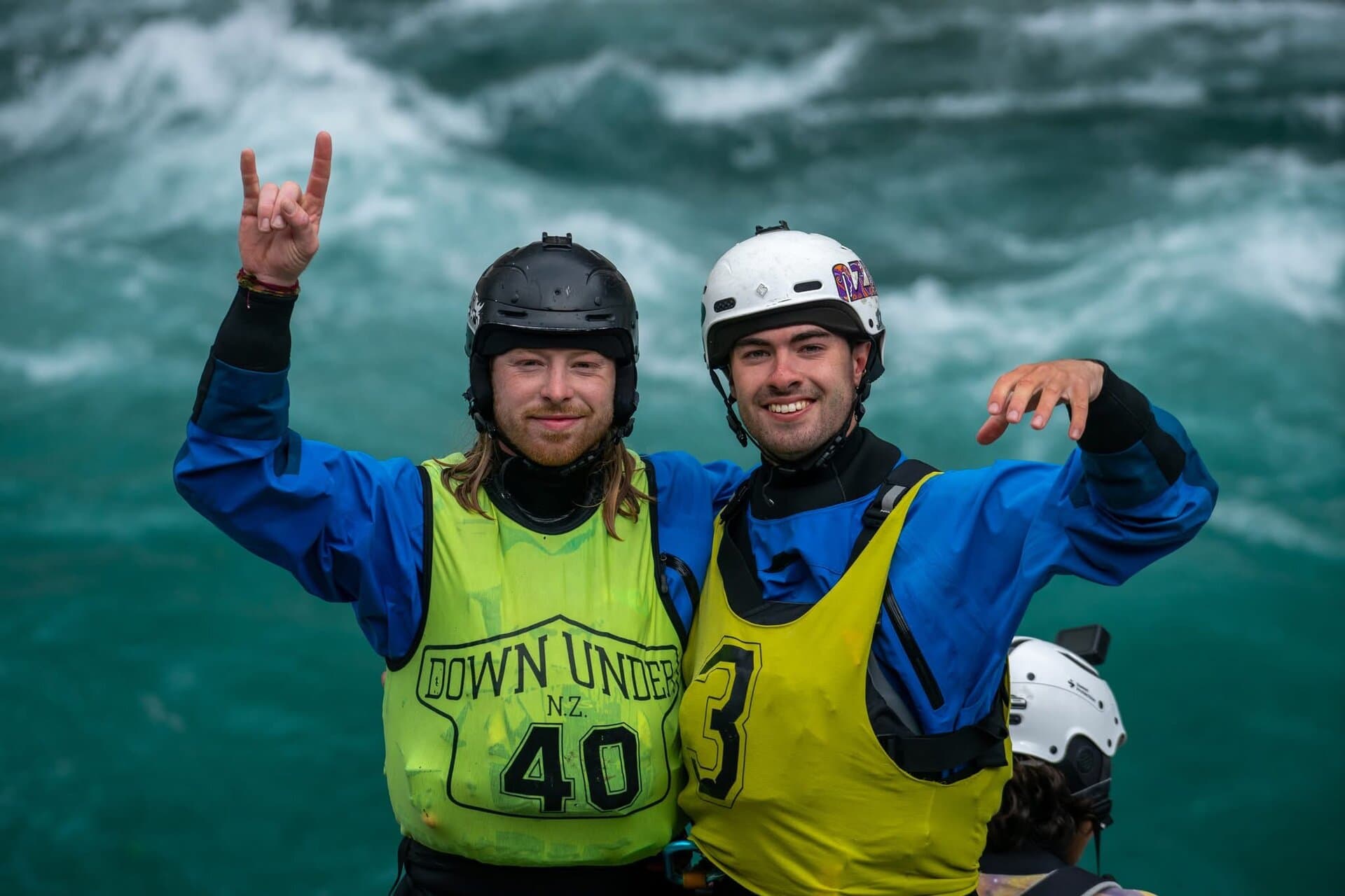Kayakers Rhys Thompson and Alex at the Nevis Bluff time trial, New Zealand.